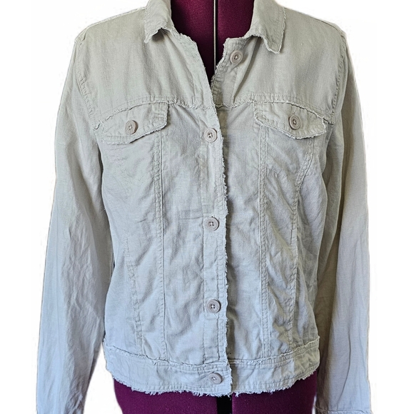 Nicole Miller Cream Linen Jacket with Classic Distressed Denim Style - Picture 5 of 16